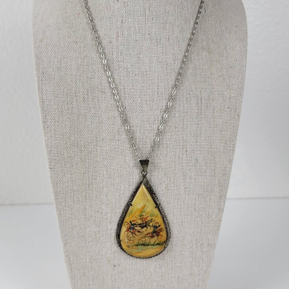 Vtg. Persian Polo Horses Hand Painted Mother Pearl Teadrop Pendant Necklace 18" - Picture 4 of 14